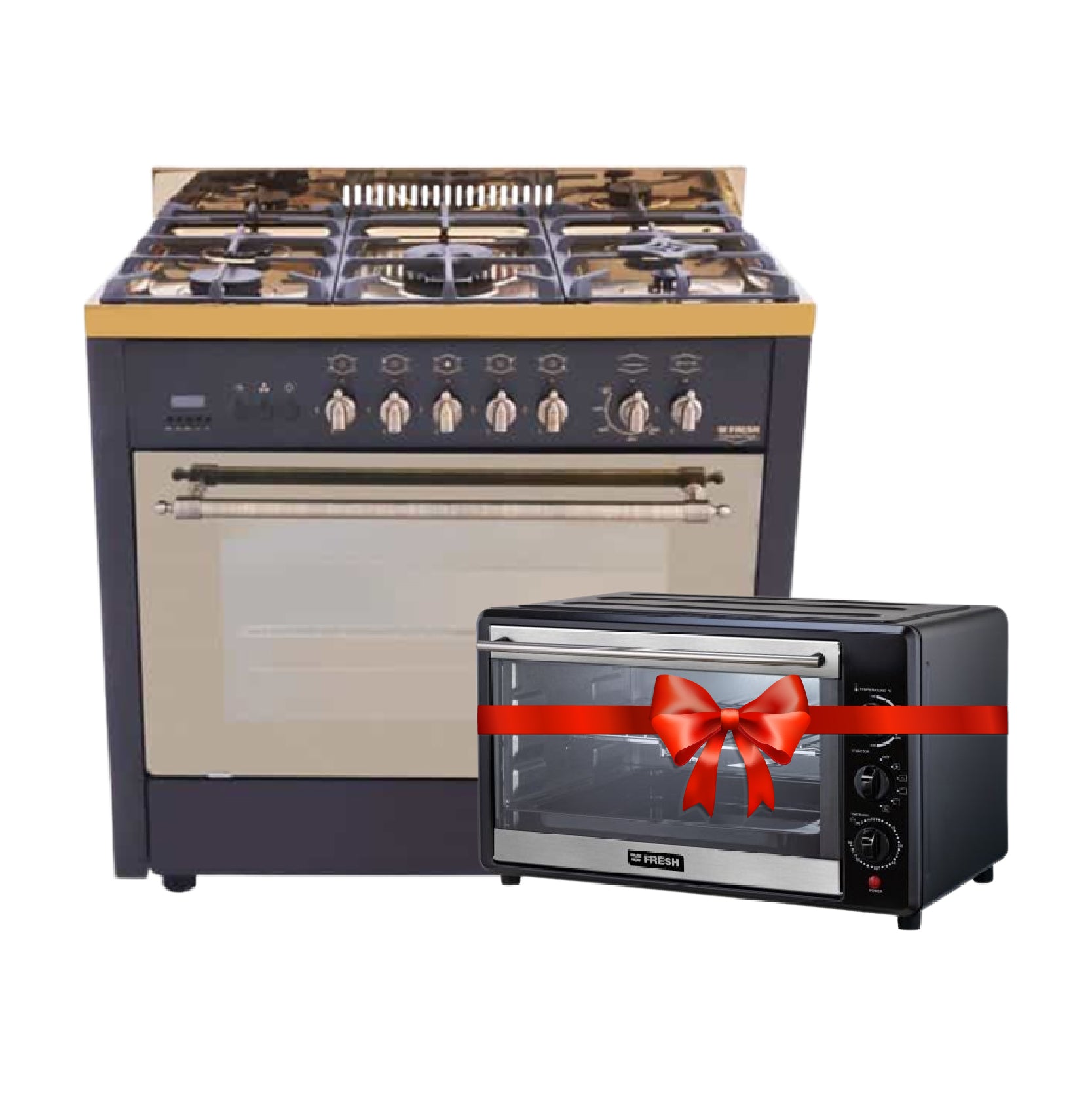 بوتجاز فريش 5 شعلات، 90 سم, أسود 10094 + فرن فريش 45 لتر أسود FR-4503R.