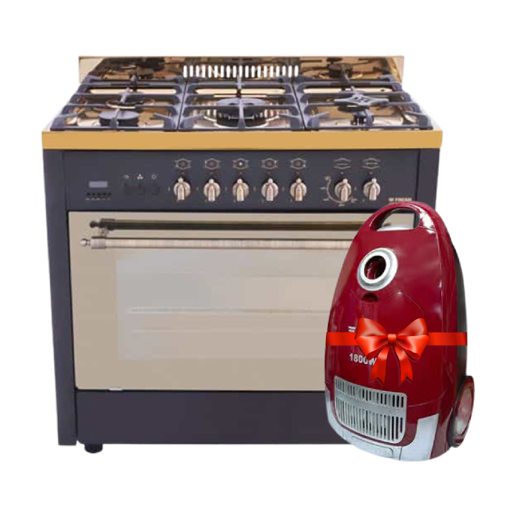 Fresh, 10094, Cooker, Gas, 90 CM, 5 Burners, Black + Fresh, Volcano, Vacuum, 1800 Watt, Red.