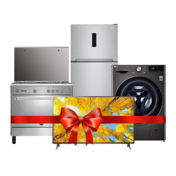 LG, TV, 55 Inch + La Germania, Cooker, 90 x 60 cm, 5 Burners, Stainless + LG, Refrigerator, 401 L, Silver + LG, Washing Machine, 9 Kg, Black.