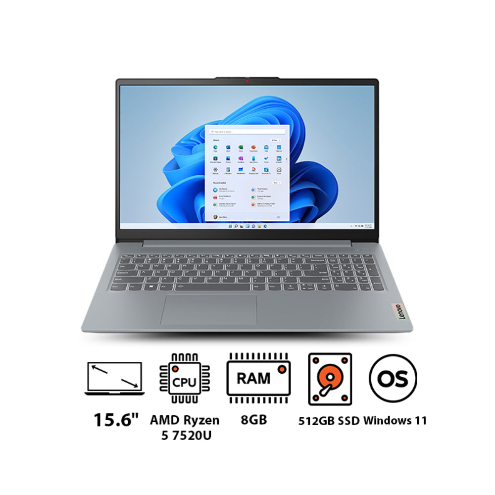 Lenovo, IdeaPad Slim 3 15AMN8, Laptop, AMD Ryzen™ 5 7520U, 8 GB. 512 GB, Grey.