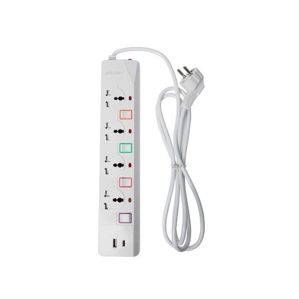 E-train (PS077) Power Strip 16A with Overload Protection 4 Output Plugs + 1 USB + 1 Type-C 2.4A Charging Ports 2M - On-Off Switch